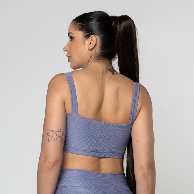 Top Feminino Azul Jeans Fitness Poliamida Academia Decote Reto