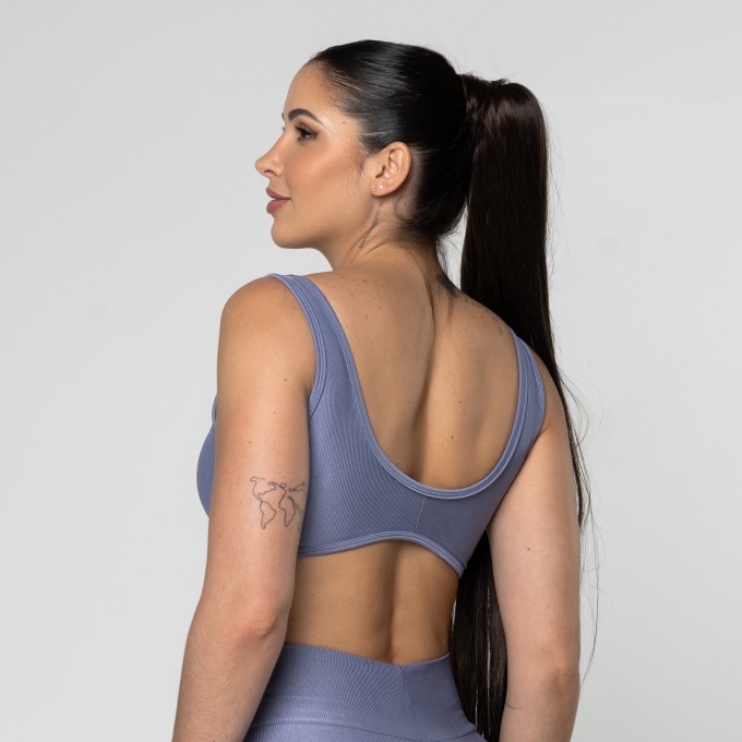 Top Fitness Feminino Academia Poliamida Arco Costas Aberta Azul