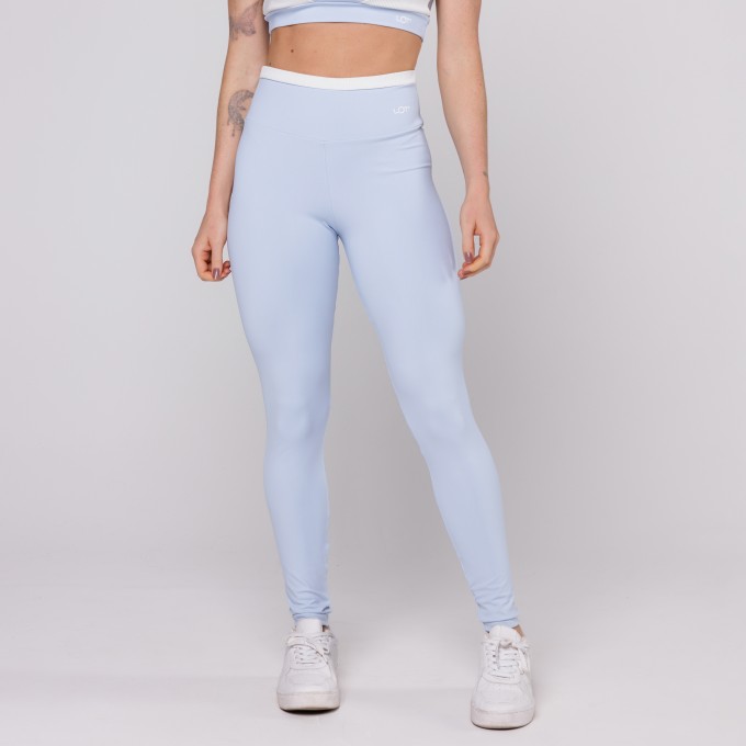 Calça Legging Azul Bebê com cós Branco Fitness Poliamida