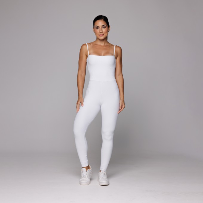 Macacão Fitness Poliamida Costas Abertas Canelado Branco