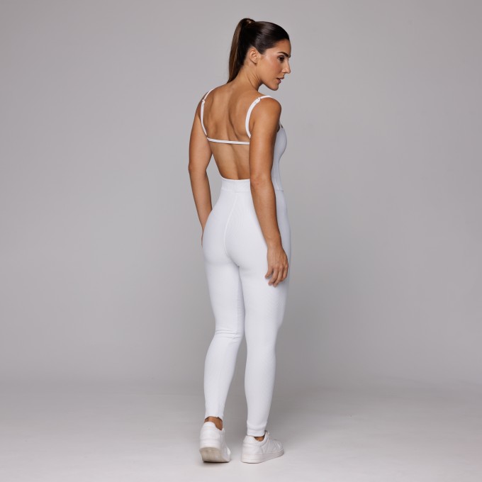 Macacão Fitness Poliamida Costas Abertas Canelado Branco