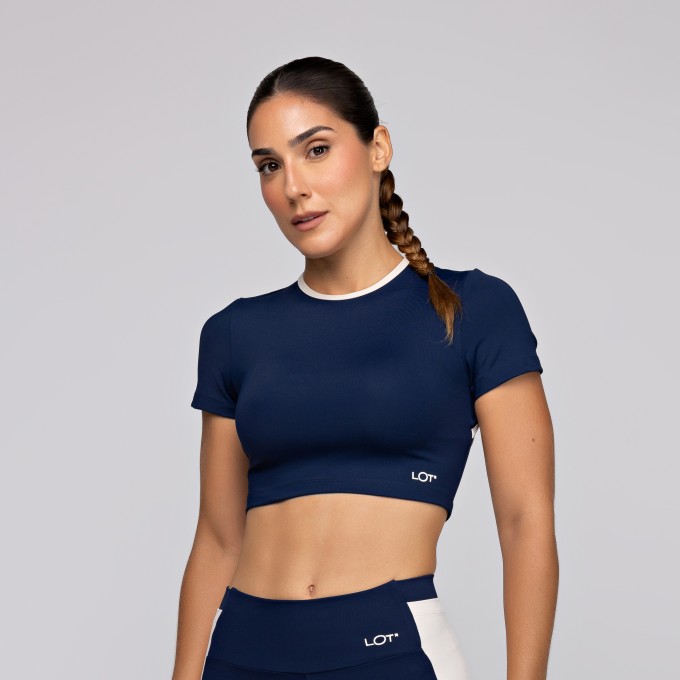 Top Poliamida Costas Aberta Alta Sustentação com Manga Curta Azul