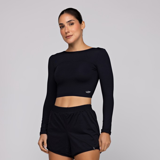 Top Poliamida de Manga Comprida Costas Aberta Preto Form