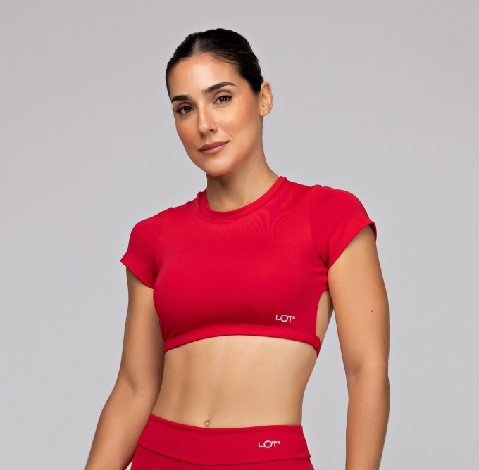 Top Poliamida com Manga Curta Costas Abertas Vermelho