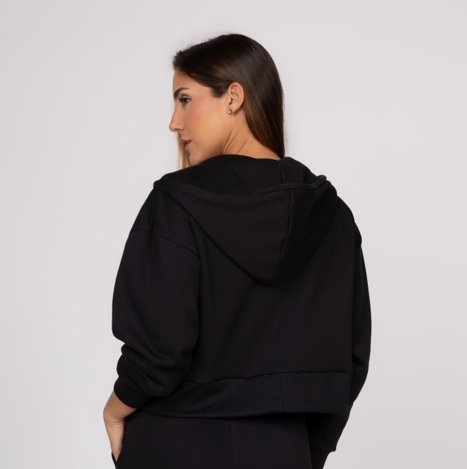 Casaco de Moletom Preto Feminino Zíper Bolso Canguru