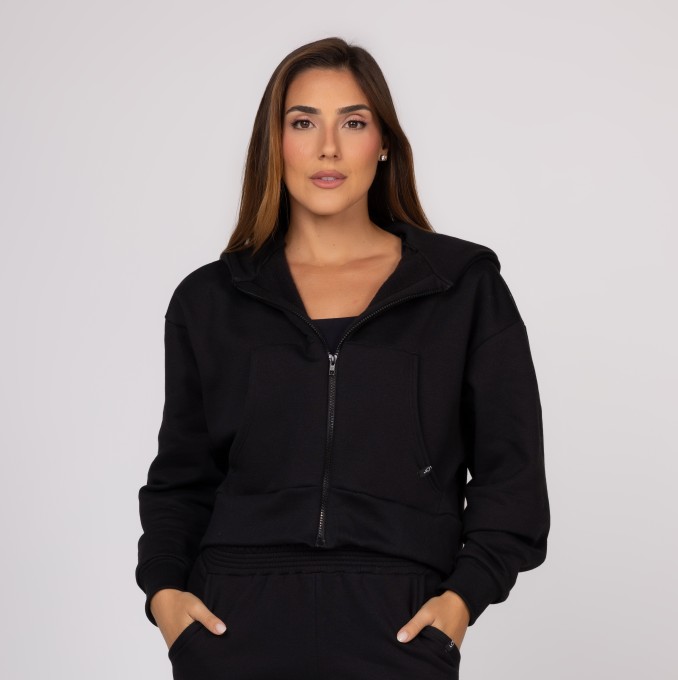Casaco de Moletom Preto Feminino Zíper Bolso Canguru