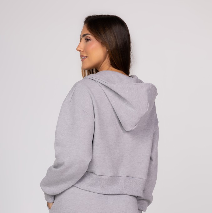 Casaco de Moletom Mescla Feminino Zíper Bolso Canguru