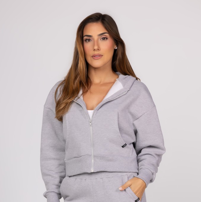 Casaco de Moletom Mescla Feminino Zíper Destacável Bolso Canguru