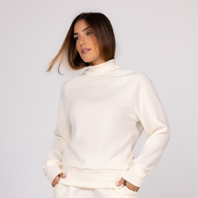 Casaco de Moletom Off White Feminino Gola Canelada