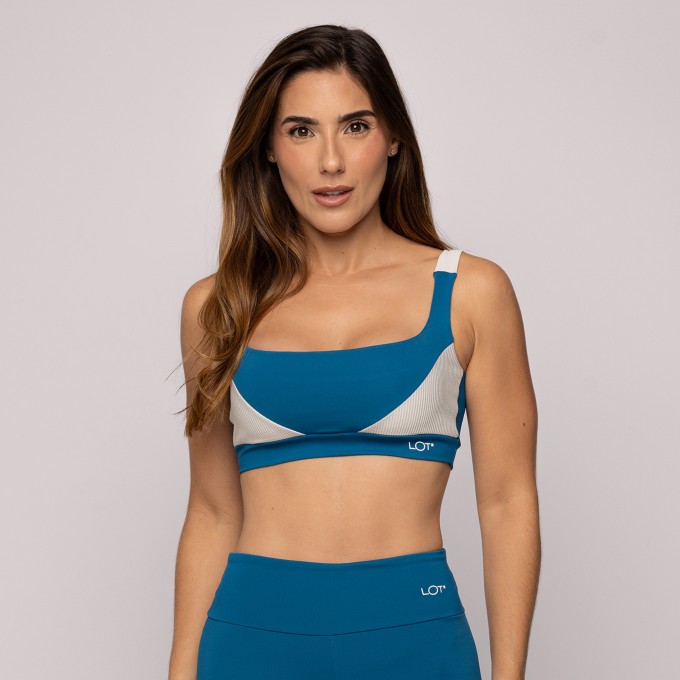 Top Academia Azul Precioso Com Recorte Off White Alça Larga